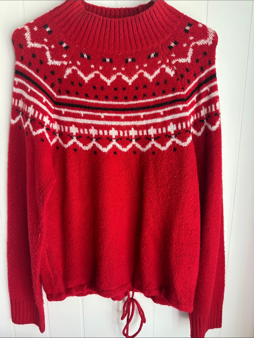 Red Fair Isle Drawstring Turtleneck Sweater